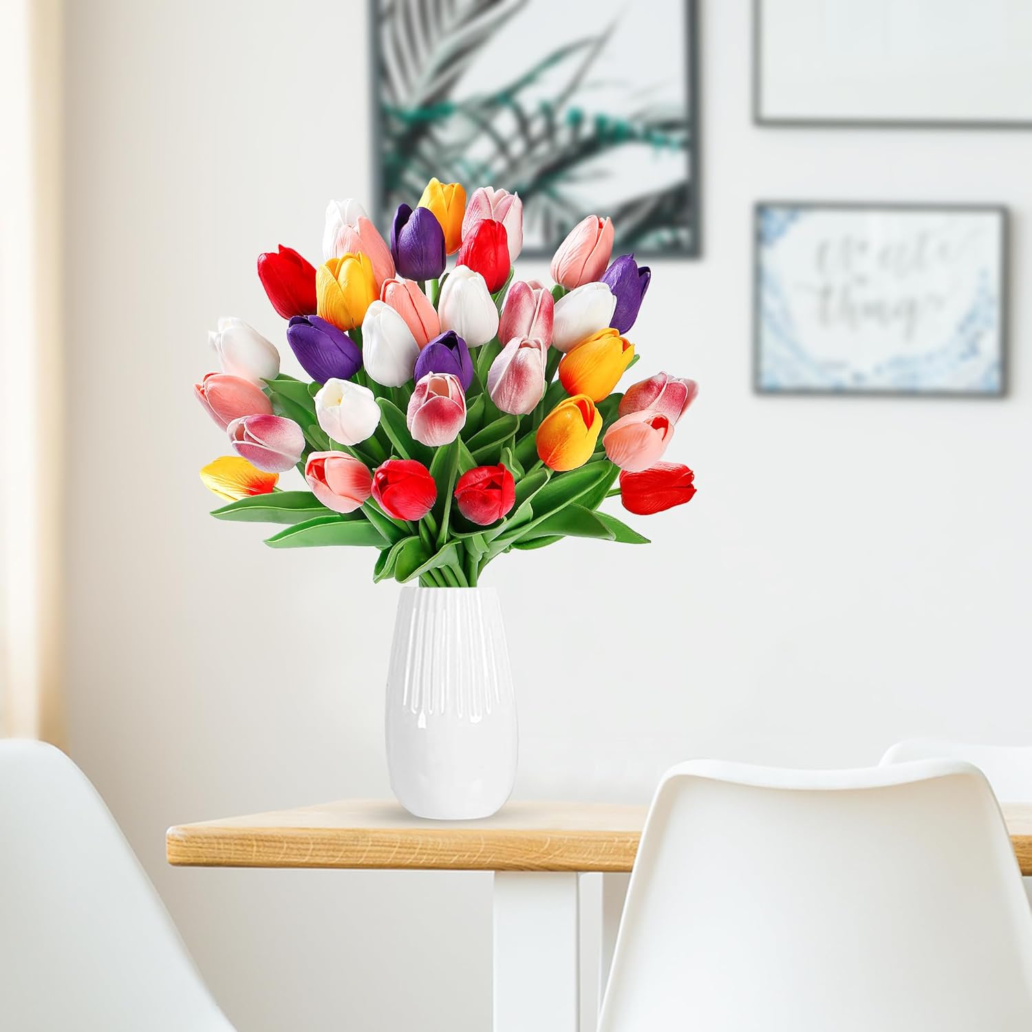 Sggvecsy 30 Pcs Fake Tulips Artificial Flowers Real Touch PU Faux Flowers Tulip Stems for Wedding Spring Bouquet Floral Arrangement Party Home Office Decorations for Mother's Day (Multi Colors) 30 Pcs Mixed 3