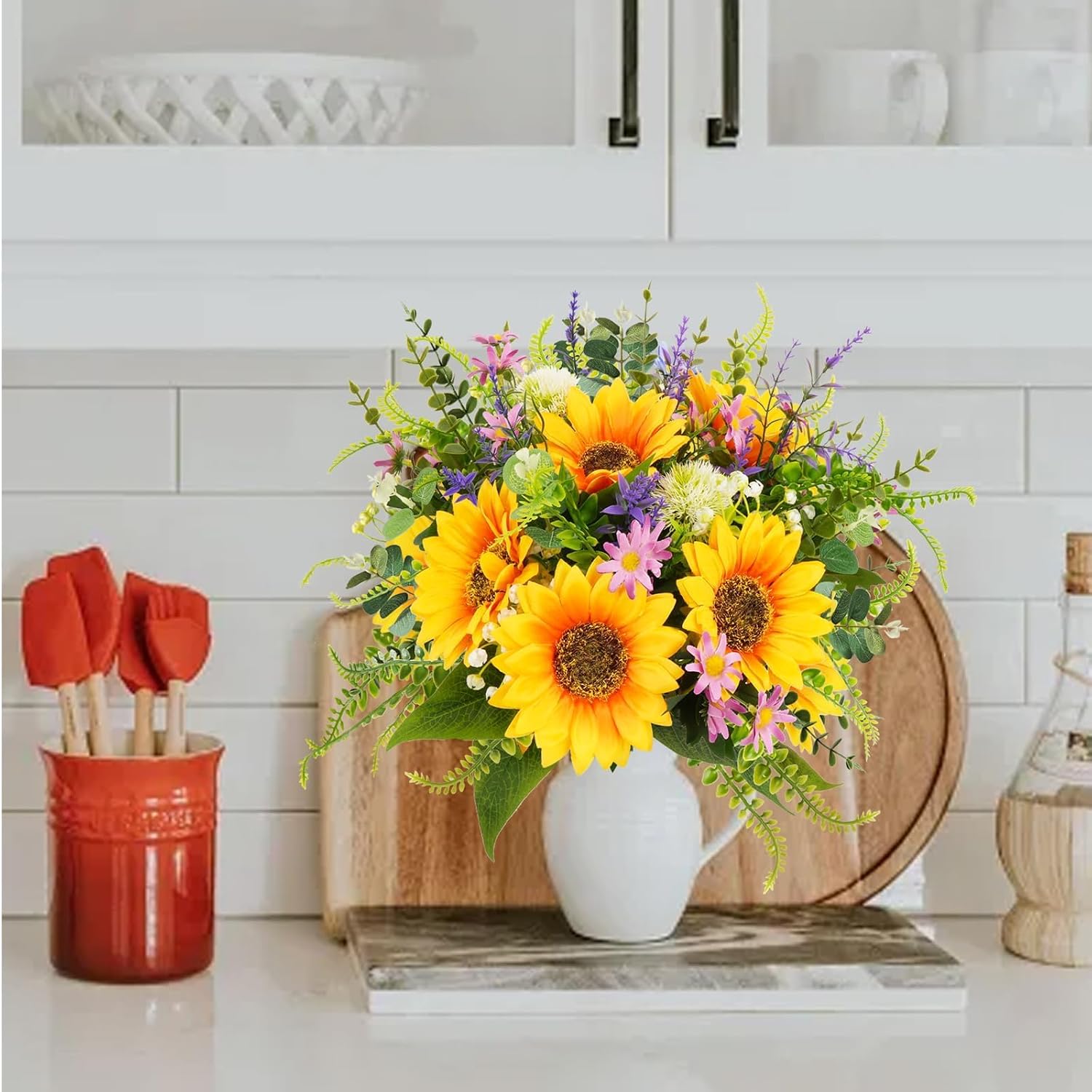 HUAESIN Sunflowers Artificial Flowers Bouquets Spring Flowers Artificia Fake Wildflowers Silk Cemetery Flowers Arrangements for Home Kitchen Office Table Centerpieces Wedding Party Grave Decor Yellow