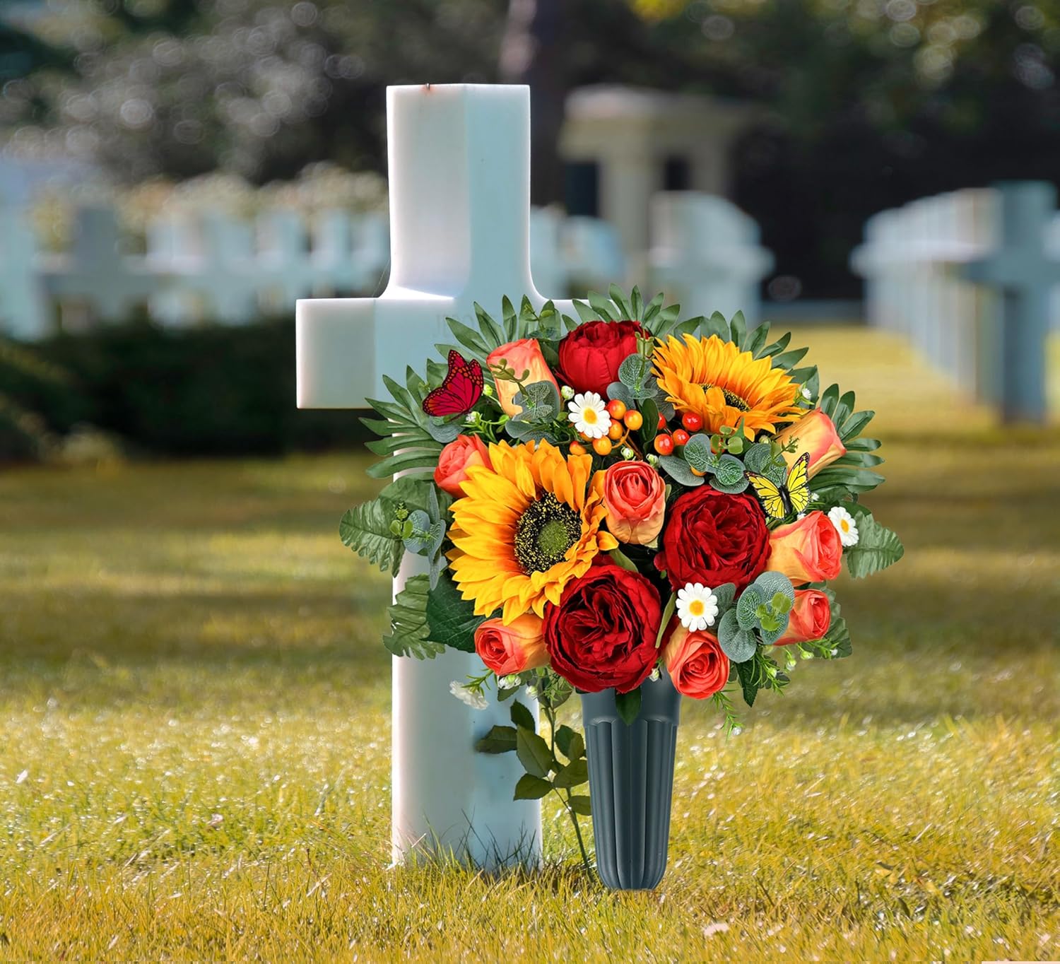 MUVIC Artificial Cemetery Flowers for Outdoor Grave Decorations，Memorial Flower- Realistic Sunflower Rose - Sympathy Bouquet
